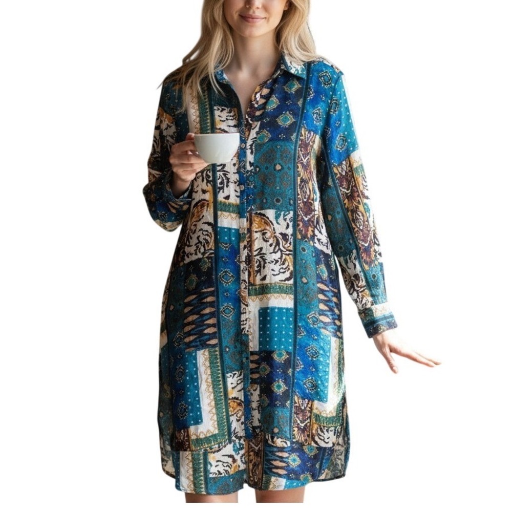Rafaella Patchwork Perfect Shirt Dress Long Sleeve Multi-Color RSWF6019 Womens L